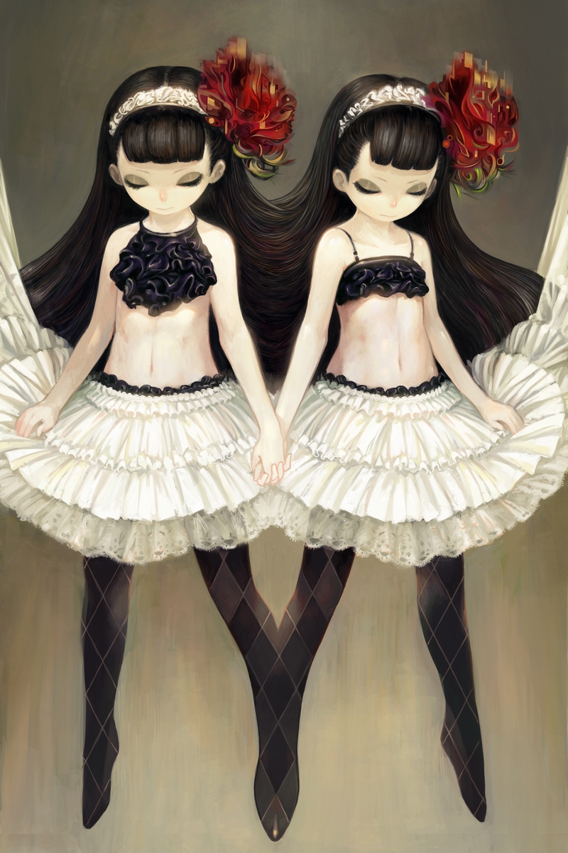 argyle, argyle_legwear, black_hair, brown_hair, child, closed_eyes, conjoined, flat_chest, flower, frills, gothic_lolita, hair_ornament, headband, highres, holding_hands, long_hair, midriff, multiple_girls, pale_skin, pantyhose, siblings, skirt, symmetry, torikawa, twins