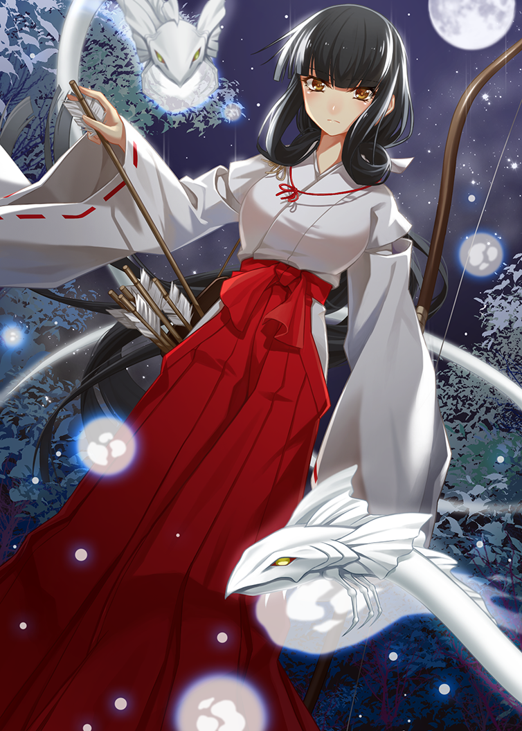 1girl, black_hair, bow_(weapon), brown_eyes, cross_akiha, inuyasha, japanese_clothes, kikyou_(inuyasha)