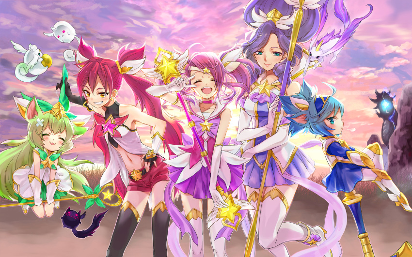 5girls, blue_hair, boots, check_commentary, commentary, commentary_request, green_hair, hammer, highres, janna_windforce, jinx_(league_of_legends), league_of_legends, lulu_(league_of_legends), luxanna_crownguard, magical_girl, multiple_girls, official_art, opera_gloves, pink_hair, poppy, purple_hair, redhead, staff, star_guardian_janna, star_guardian_jinx, star_guardian_lulu, star_guardian_lux, star_guardian_poppy, sunupones, thigh-highs, twintails, wand
