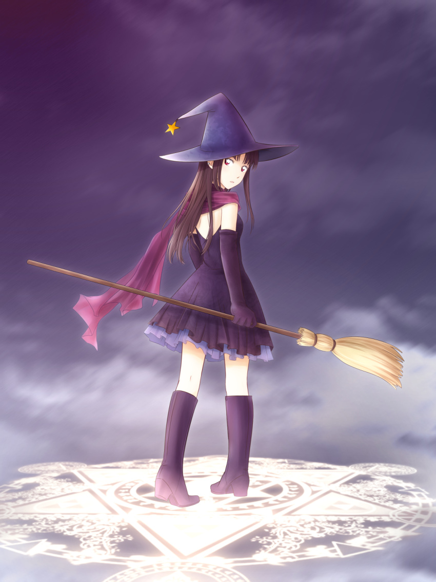 1girl, arya_(tianhua), black_dress, black_gloves, black_hair, boots, dress, elbow_gloves, gloves, hat, highres, koizumi_akako, long_hair, looking_at_viewer, magic, magic_kaito, purple_scarf, red_eyes, scarf, solo, star, witch_hat