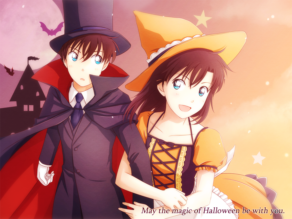 1boy, 1girl, arya_(tianhua), bat, black_hat, blue_eyes, blue_necktie, brown_hair