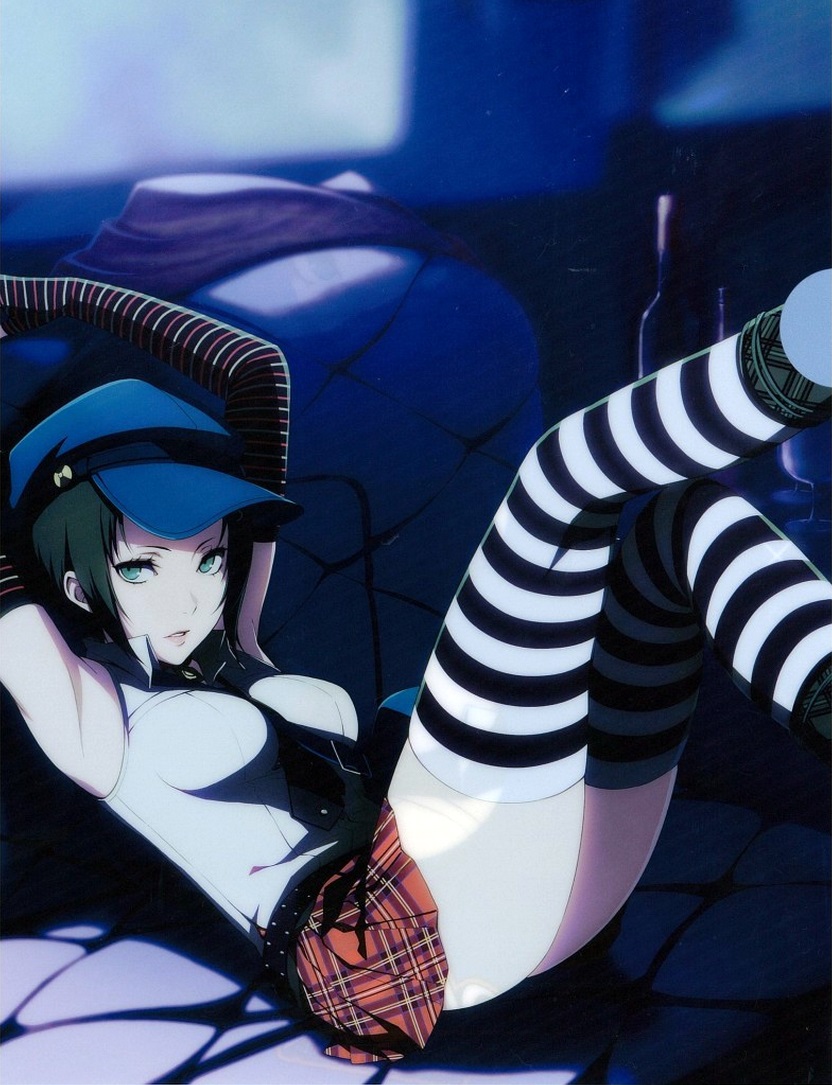 1girl, armpits, black_hair, blue_hat, elbow_gloves, gloves, green_eyes, hat