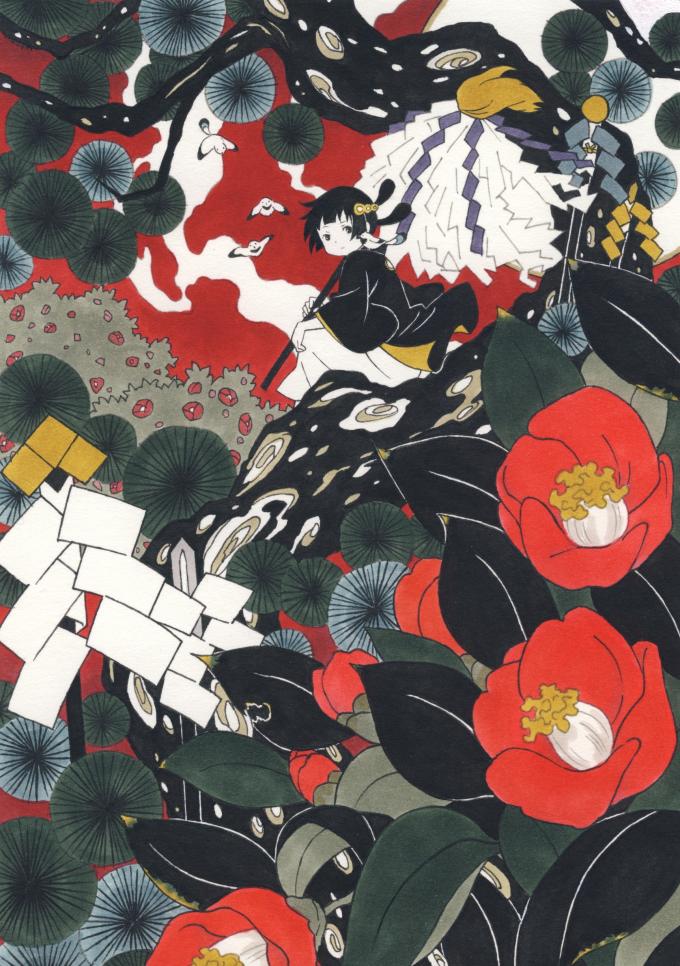 1girl, abstract, bird, black_eyes, black_hair, bush, fine_art_parody, flat_color