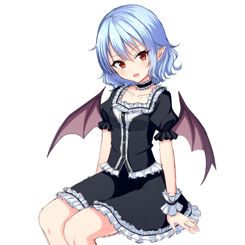 1girl, absurdres, bat_wings, black_blouse, black_skirt, blouse, blue_hair, collarbone