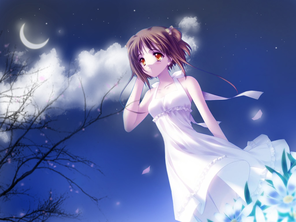 amamiya_poran, bare_shoulders, bow, branch, brown_eyes, brown_hair, cherry_blossoms, cloud