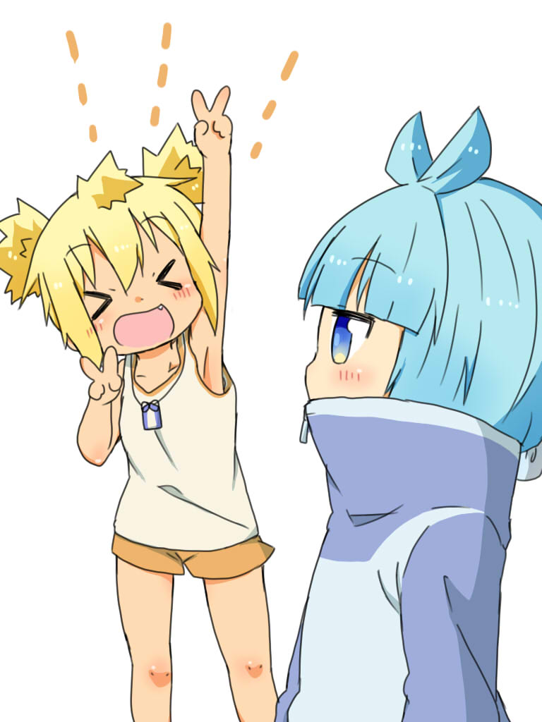 >_<, 2girls, aqua_hair, arm_up, armpits, blonde_hair, blue_eyes, blush, bob_cut, chibi, closed_eyes, covered_mouth, dog_tags, double_v, fang, hokuto_itsumo, jewelry, mashigura, multiple_girls, necklace, open_mouth, shakunetsu_no_takkyuu_musume, short_hair, short_twintails, shorts, smile, sportswear, tank_top, tenka_hanabi, twintails, v