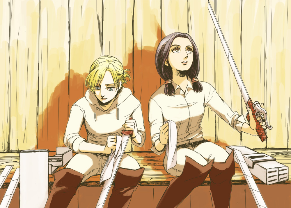2girls, annie_leonhardt, black_hair, blonde_hair, blue_eyes, mina_carolina, mogt, multiple_girls, shingeki_no_kyojin, short_hair, sword, three-dimensional_maneuver_gear, twintails, weapon