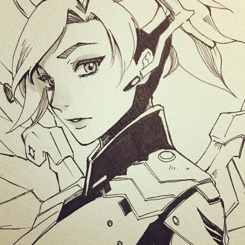 1girl, highres, mechanical_halo, mechanical_wings, mercy_(overwatch), monochrome, overwatch, ponytail