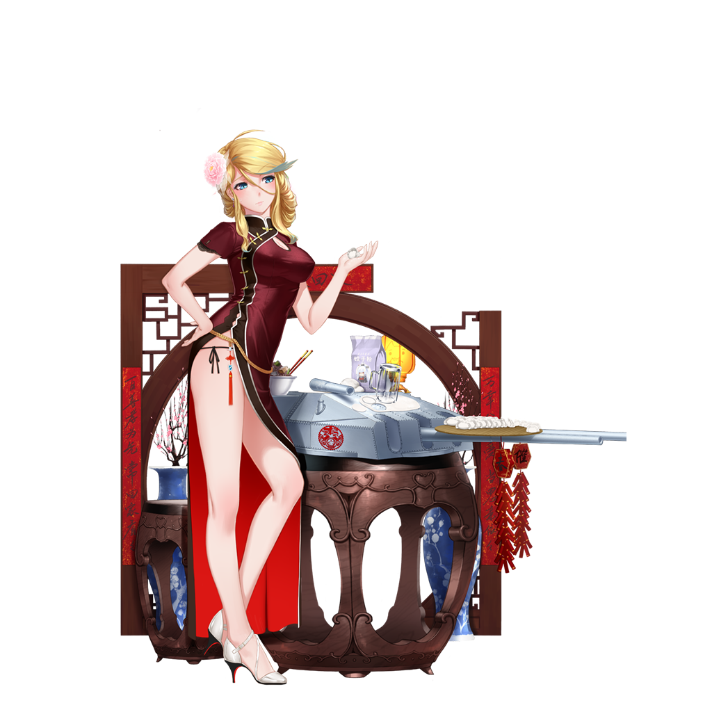 1girl, ahoge, alternate_costume, alternate_hairstyle, bare_legs, beer_mug, blonde_hair, blue_eyes, blush, breasts, cannon, china_dress, chinese, chinese_clothes, cleavage, cleavage_cutout, closed_mouth, covered_nipples, dress, dumpling, earrings, eyebrows, eyebrows_visible_through_hair, firecrackers, flower, hair_between_eyes, hair_flower, hair_ornament, hand_on_hip, high_heels, holding, jewelry, looking_to_the_side, multicolored_hair, official_art, panties, rail_(silverbow), red_dress, scharnhorst_(zhan_jian_shao_nyu), shoes, short_sleeves, side-tie_panties, side_slit, solo, standing, table, tied_hair, transparent_background, tray, turret, two-tone_hair, underwear, vase, white_shoes, zhan_jian_shao_nyu