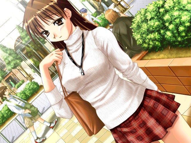 brown_eyes, brown_hair, casual, dutch_angle, game_cg, handbag, hoshina_tomoko, jewelry