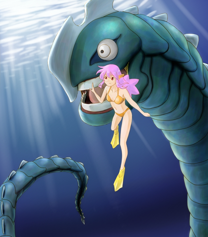 1girl, bikini, diving, flippers, freediving, holding_breath, long_hair, niiyan
