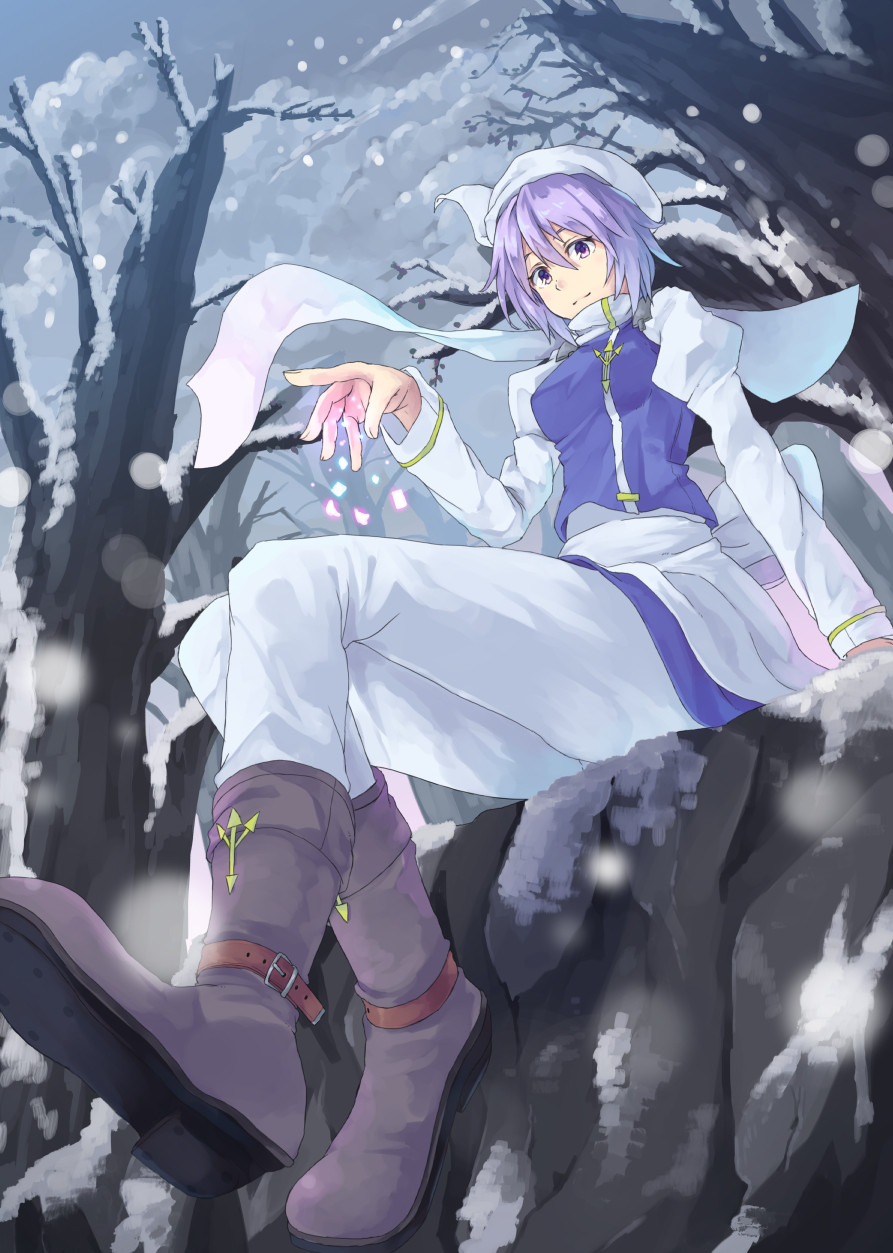 1girl, blue_vest, boots, breasts, brown_boots, closed_mouth, from_below, head_scarf