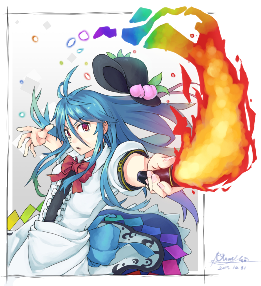 >:(, 1girl, black_hat, blue_hair, blue_skirt, bow, bowtie, breasts