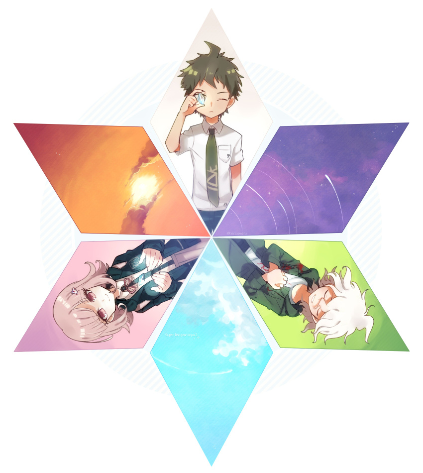 1girl, 2boys, backpack, bag, clouds, crystal, dangan_ronpa, flipped_hair