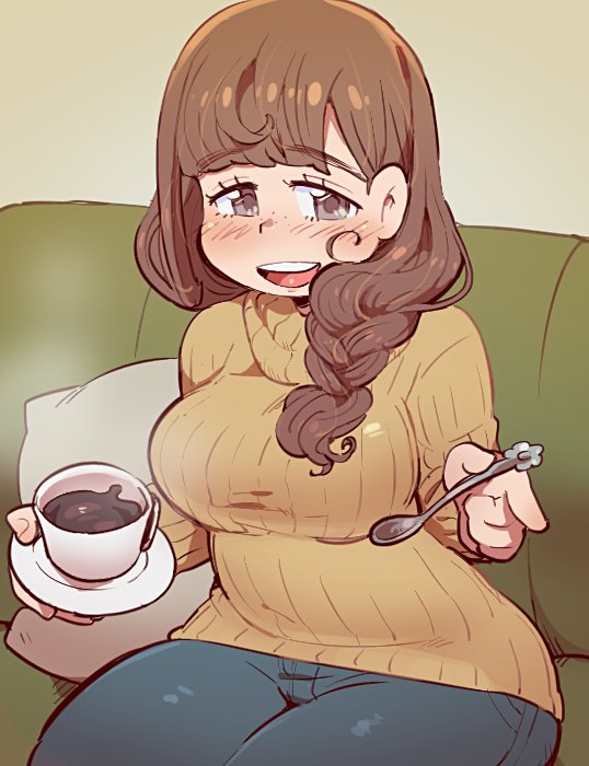 1girl, bangs, blunt_bangs, braid, brown_eyes, brown_hair, coffee, coffee_mug