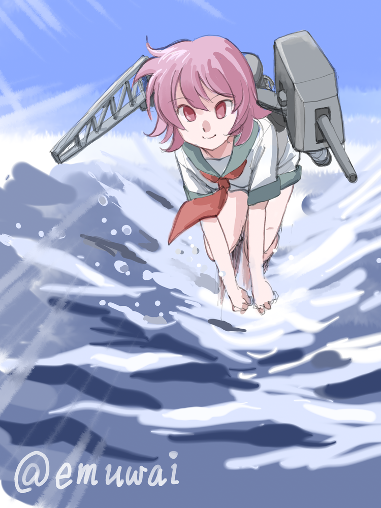 1girl, artist_name, day, emuwai, kantai_collection, leaning_forward, machinery, neckerchief, ocean, outdoors, pink_hair, red_eyes, school_uniform, serafuku, short_hair, short_sleeves, shorts, smile, splashing, tama_(kantai_collection), turret