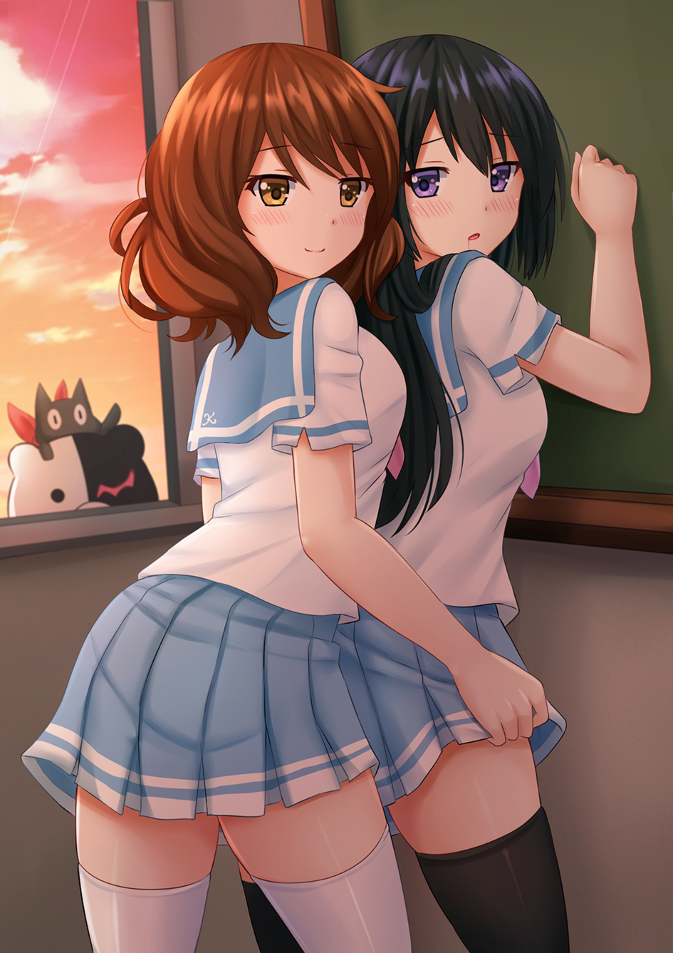 2girls, bear, black_hair, black_legwear, blue_skirt, blush, breasts, brown_eyes