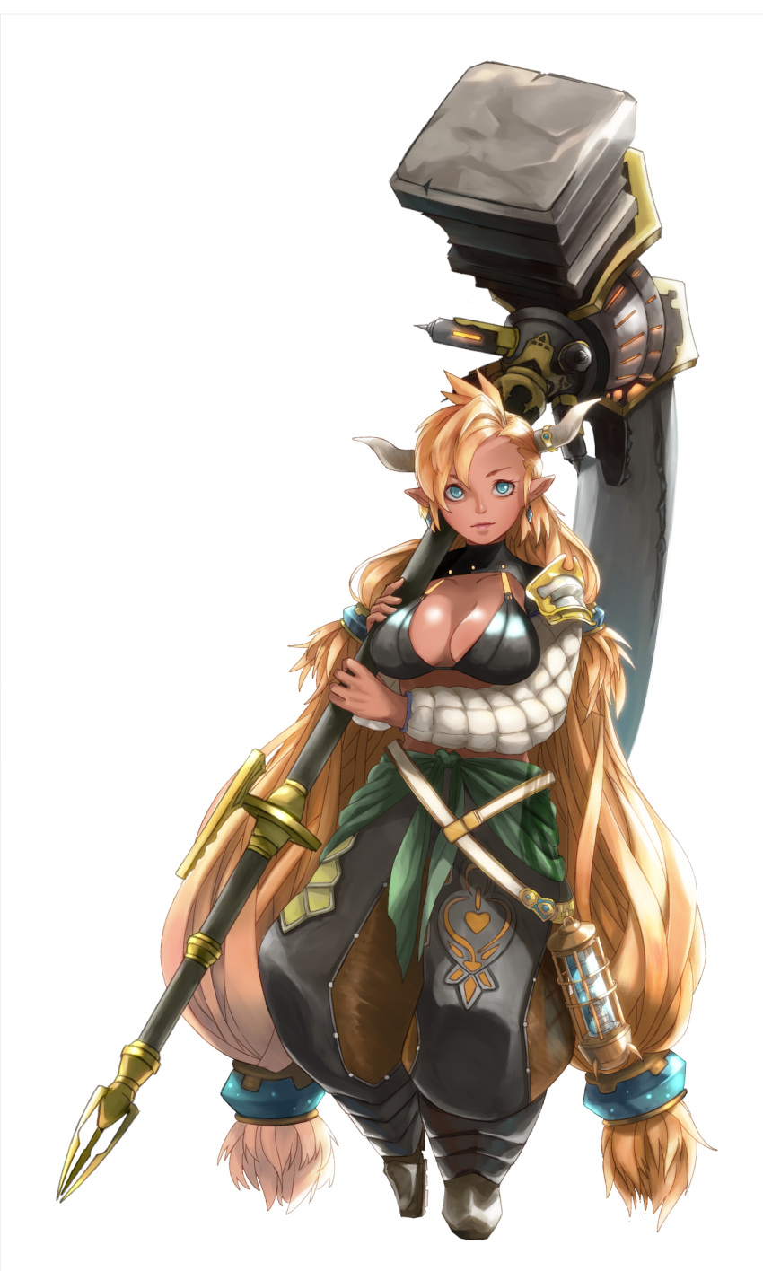 1girl, almeida_(granblue_fantasy), armor, armored_boots, big_hair, blonde_hair, boots, breasts