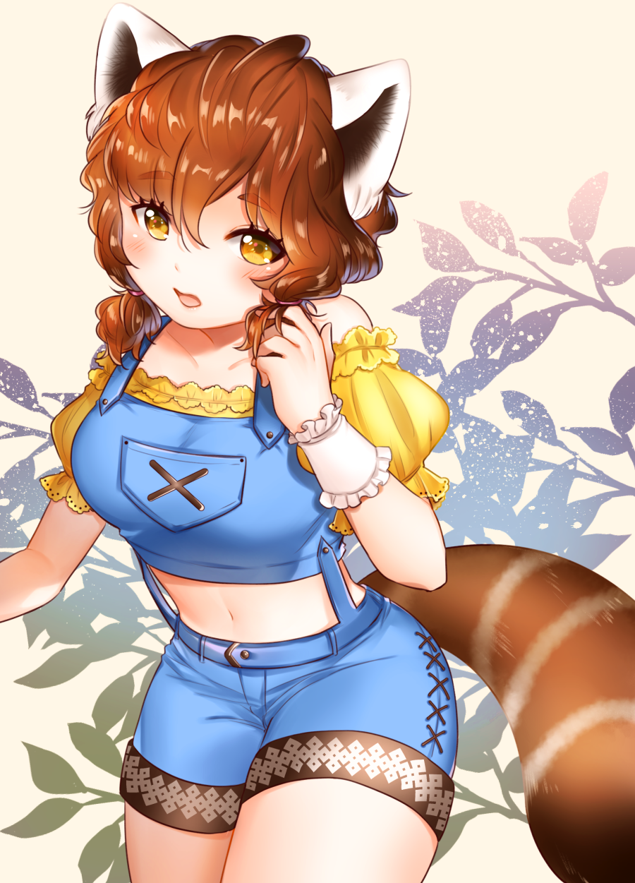 1girl, animal_ears, bare_shoulders, breasts, brown_eyes, brown_hair, collarbone, highres, large_breasts, navel, original, raccoon_ears, raccoon_tail, shichimi, short_hair, shorts, solo, tail, wavy_hair, wrist_cuffs