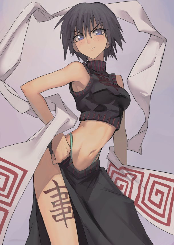 1girl, armpits, black_hair, blue_eyes, crop_top, fushoku, houshin_engi, midriff