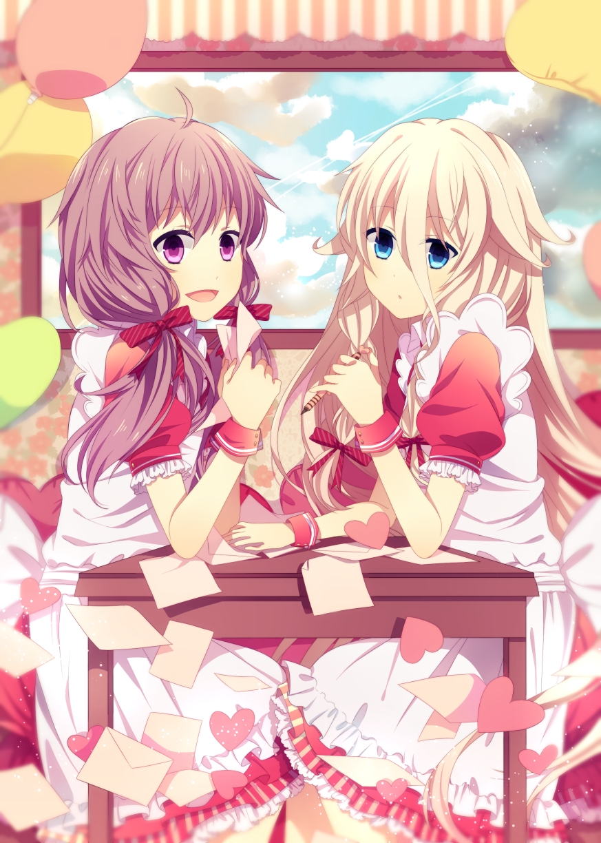 2girls, ahoge, balloon, blue_eyes, clouds, crml_orng, dress, hair_ornament