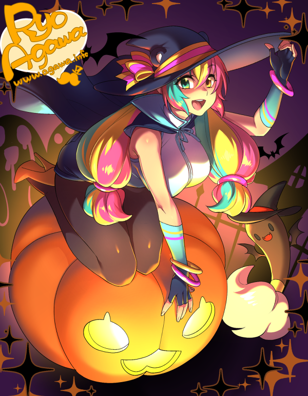 1girl, agawa_ryou, bare_shoulders, bracelet, breasts, green_eyes, halloween, hat