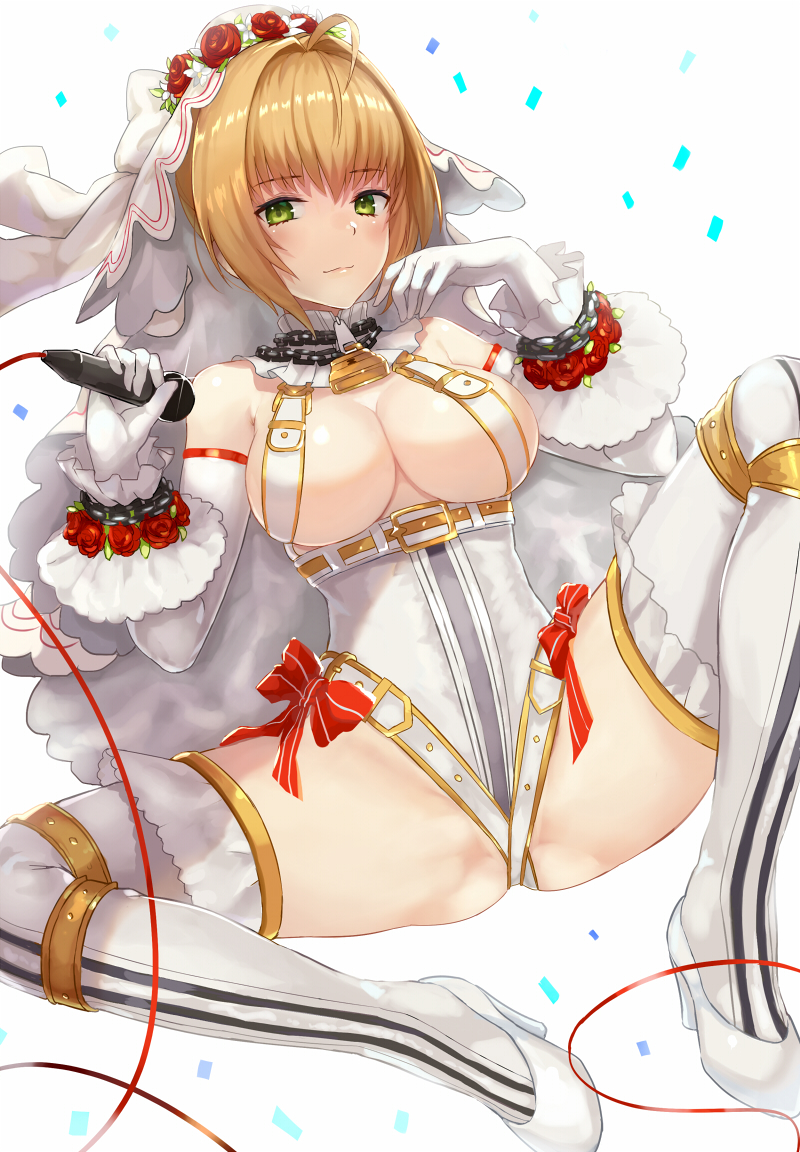1girl, ahoge, belt, blonde_hair, blush, bow, breasts, bridal_veil