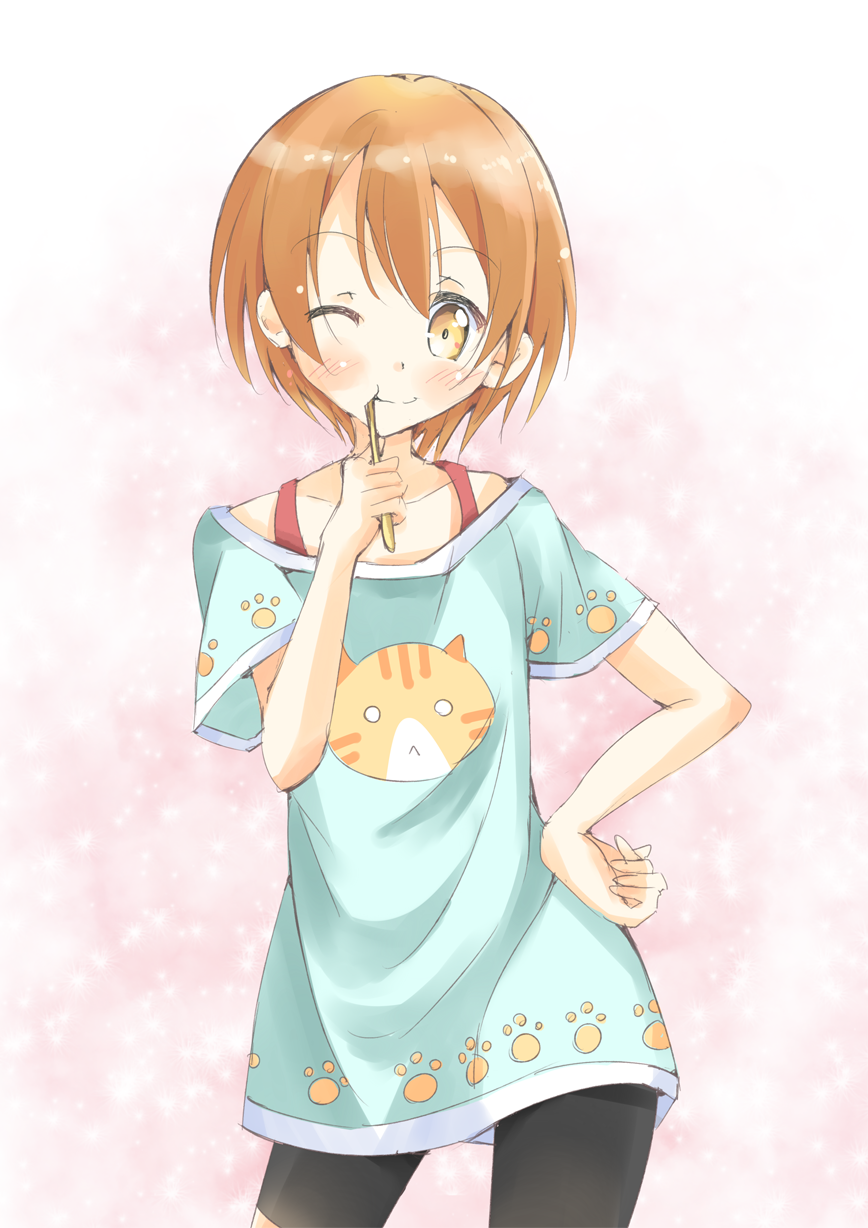 1girl, :t, bike_shorts, blush, bra_strap, cat_print, cowboy_shot, eating