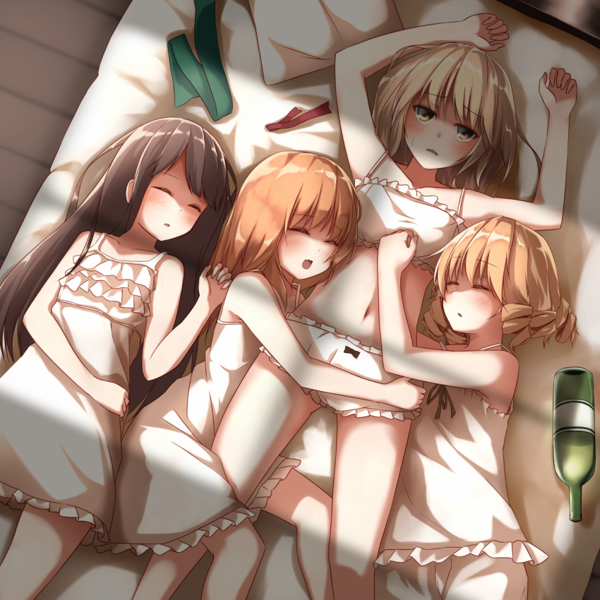 4girls, alternate_hairstyle, armpits, arms_up, bed, black_hair, blonde_hair, blush, bottle, chemise, commentary, drill_hair, drunk, fang, frills, from_above, hair_down, hair_ribbon, hangover, highres, hug, kirisame_marisa, long_hair, luna_child, lying, midriff, morning, multiple_girls, navel, nightgown, on_back, on_side, panties, pillow, pokio, ribbon, shadow, short_hair, sleeping, sleepwear, star_sapphire, sunny_milk, touhou, touhou_sangetsusei, underwear, waist_hug, wine_bottle
