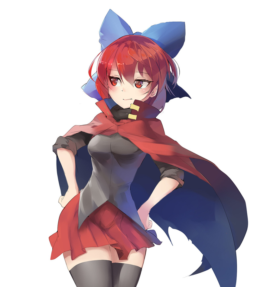 1girl, black_legwear, blouse, bow, breasts, cape, clear_echoes, hair_bow