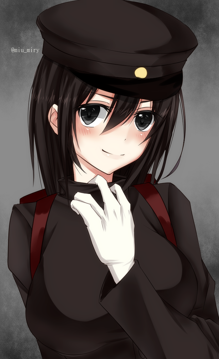 1girl, akitsu_maru_(kantai_collection), artist_name, black_hat, breasts, hat, kantai_collection, kirbyffcc, large_breasts, looking_at_viewer, solo