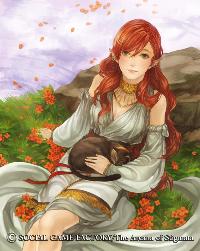 1girl, black_cat, braid, brown_eyes, cat, cat_on_lap, copyright_name, detached_sleeves