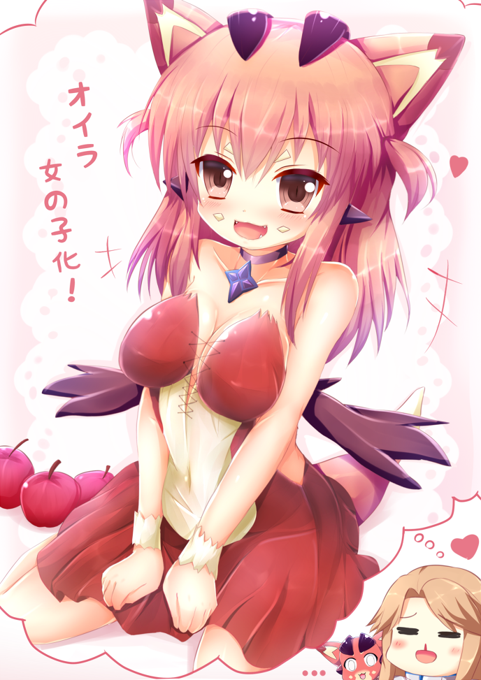 1girl, 2girls, :3, :d, =_=, animal_ears, apple, bangs, bare_shoulders, blood, blush, breasts, brown_hair, catalina_(granblue_fantasy), choker, cleavage, collarbone, covered_navel, dragon, dragon_ears, dragon_girl, dragon_horns, dragon_tail, dragon_wings, dress, eyebrows, eyebrows_visible_through_hair, facial_mark, fangs, food, fruit, genderswap, genderswap_(mtf), granblue_fantasy, hair_between_eyes, heart, horns, kane-neko, long_hair, medium_breasts, multiple_girls, nosebleed, open_mouth, personification, pink_eyes, pink_hair, sitting, slit_pupils, smile, solo, tail, thought_bubble, translated, two_side_up, vee_(granblue_fantasy), wariza, wings, wristband