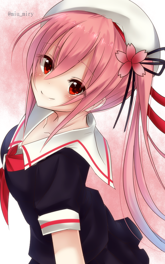 1girl, beret, black_ribbon, blush, breasts, collarbone, flower, from_above