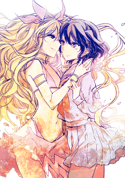 2girls, armlet, black_hair, blonde_hair, bracelet, commentary_request, from_side, hand_on_another's_cheek