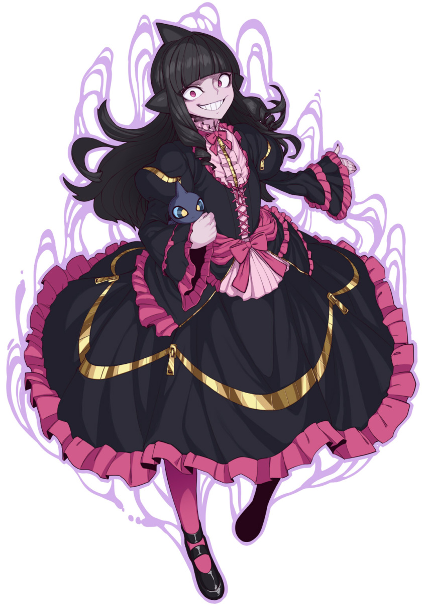1girl, banette, black_hair, gothic_lolita, highres, lolita_fashion, mega_banette, personification, pokemon, pokemon_(game), pokemon_oras, red_eyes, shuppet, space_jin, zipper
