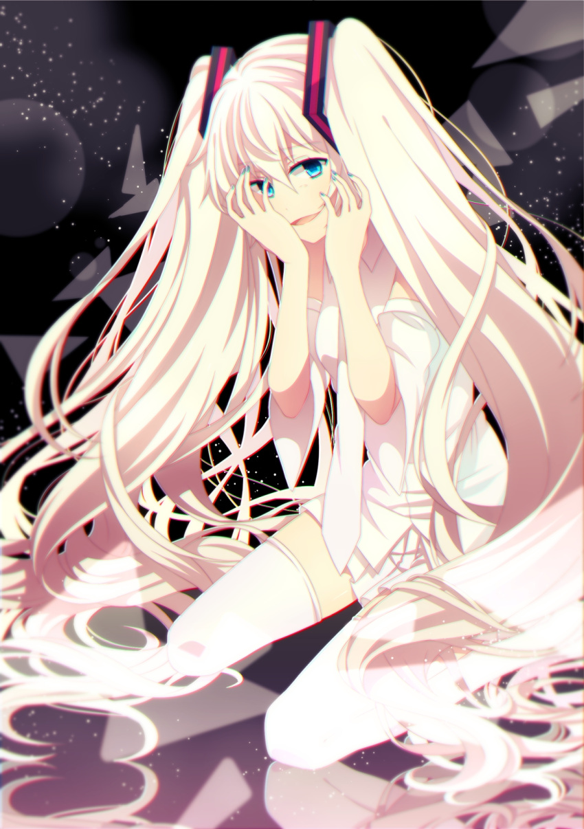 alternate_hair_color, blue_eyes, blue_nails, crml_orng, hand_on_head, hatsune_miku, highres, liar_dance_(vocaloid), long_hair, looking_at_viewer, nail_polish, necktie, open_mouth, seiza, sitting, skirt, twintails, vocaloid, white_hair, white_legwear