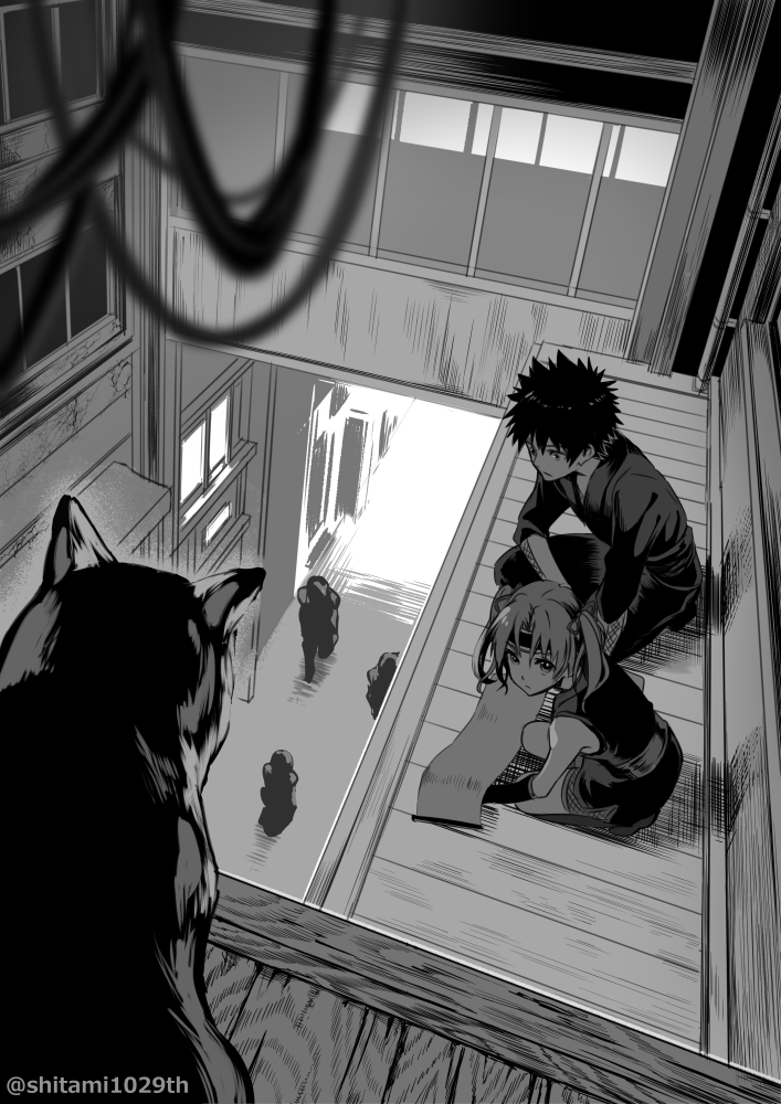 1boy, 1girl, cat, greaves, greyscale, hair_ribbon, headband, kamijou_touma