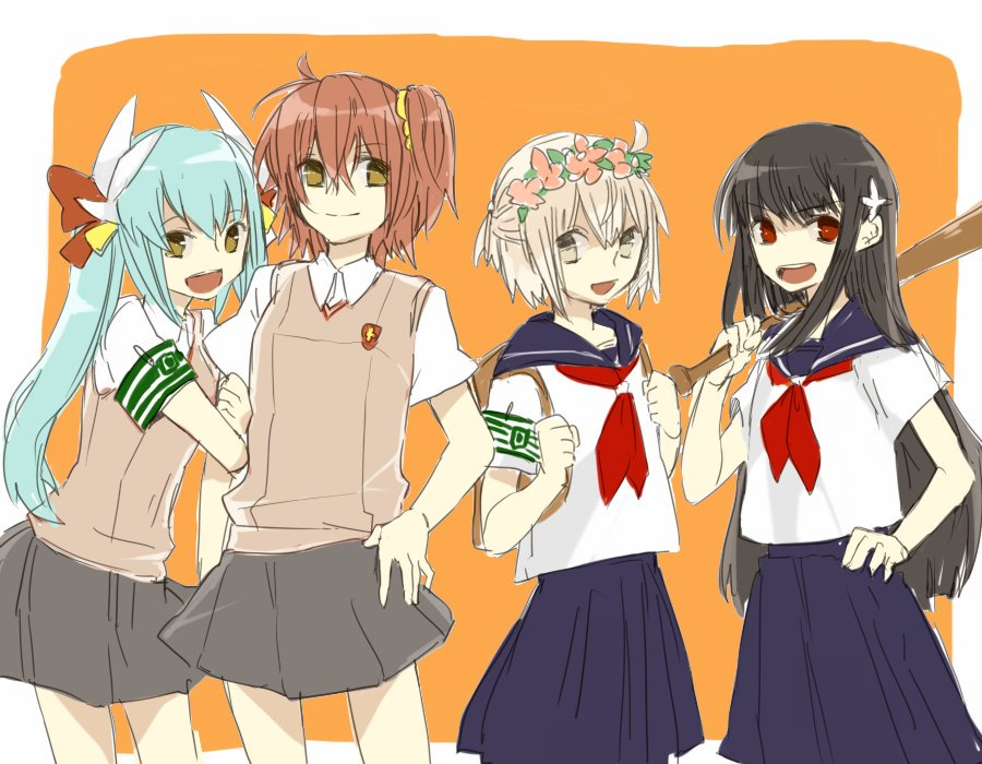 4girls, arm_hug, bat, black_hair, brown_hair, demon_archer, fate/grand_order, fate_(series), female_protagonist_(fate/grand_order), flower, green_hair, hair_flower, hair_ornament, head_wreath, kiyohime_(fate/grand_order), long_hair, misaka_mikoto_(cosplay), multiple_girls, red_eyes, sakura_saber, saten_ruiko_(cosplay), school_uniform, serafuku, shirai_kuroko_(cosplay), short_hair, short_ponytail, side_ponytail, to_aru_kagaku_no_railgun, to_aru_majutsu_no_index, twintails, uiharu_kazari_(cosplay)