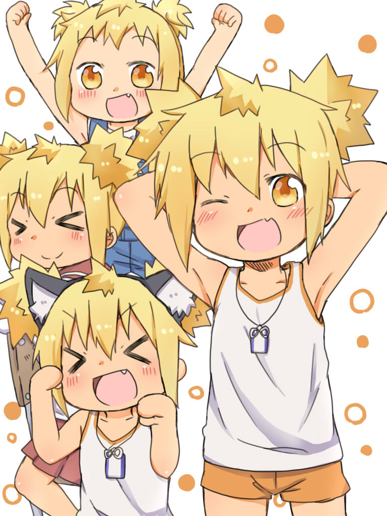 >_<, 1girl, animal_ears, arms_behind_head, arms_up, blonde_hair, cat_ears, chibi