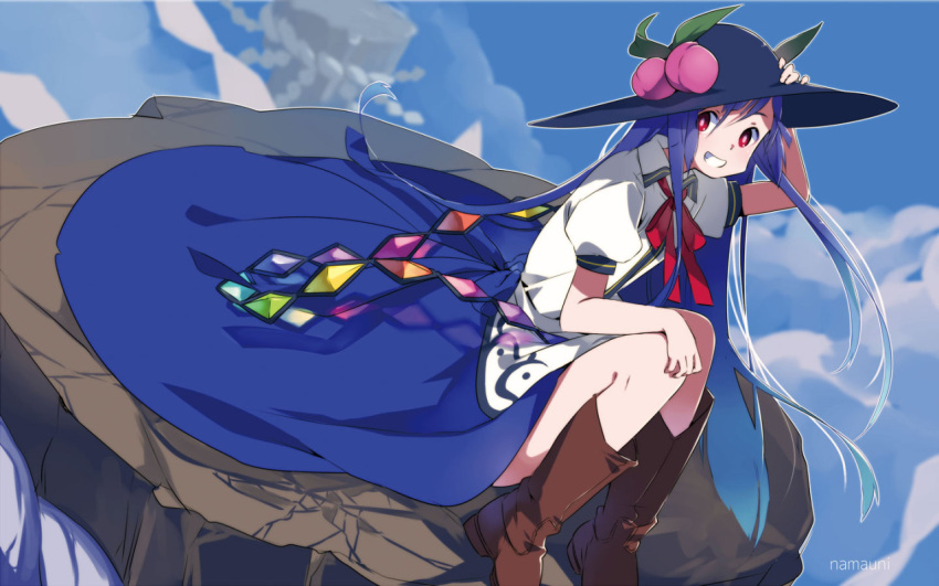 1girl, blue_hair, boots, food, fruit, grin, hat, hinanawi_tenshi