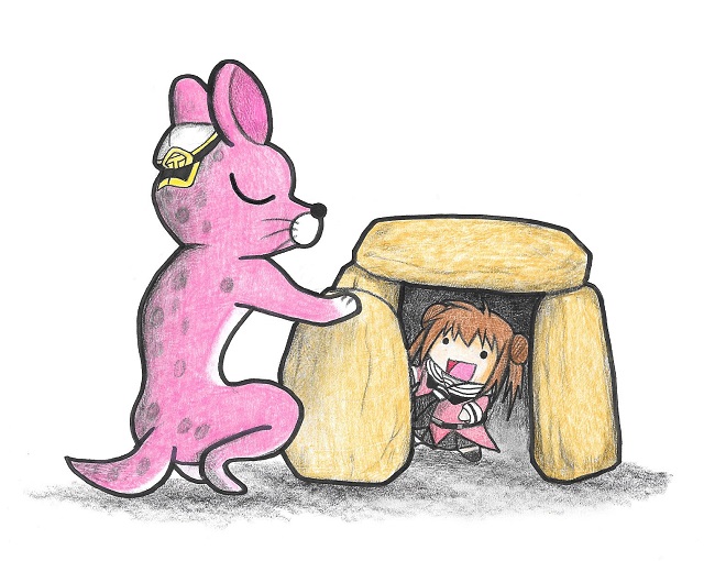1girl, :d, bonobono, brown_hair, character_request, dainamitee, double_bun, hat