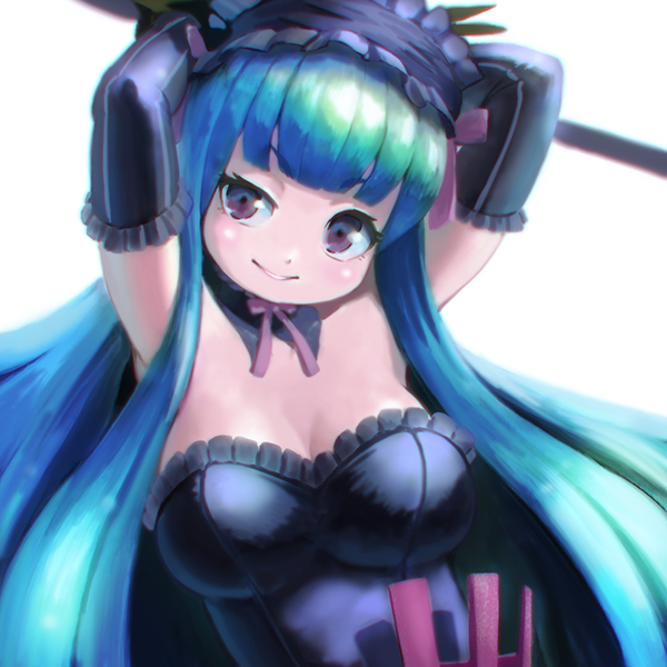 1girl, breasts, cleavage, elbow_gloves, gloves, green_hair, long_hair, reaper_(sekaiju), reiesu_(reis), sekaiju_no_meikyuu, sekaiju_no_meikyuu_5, violet_eyes