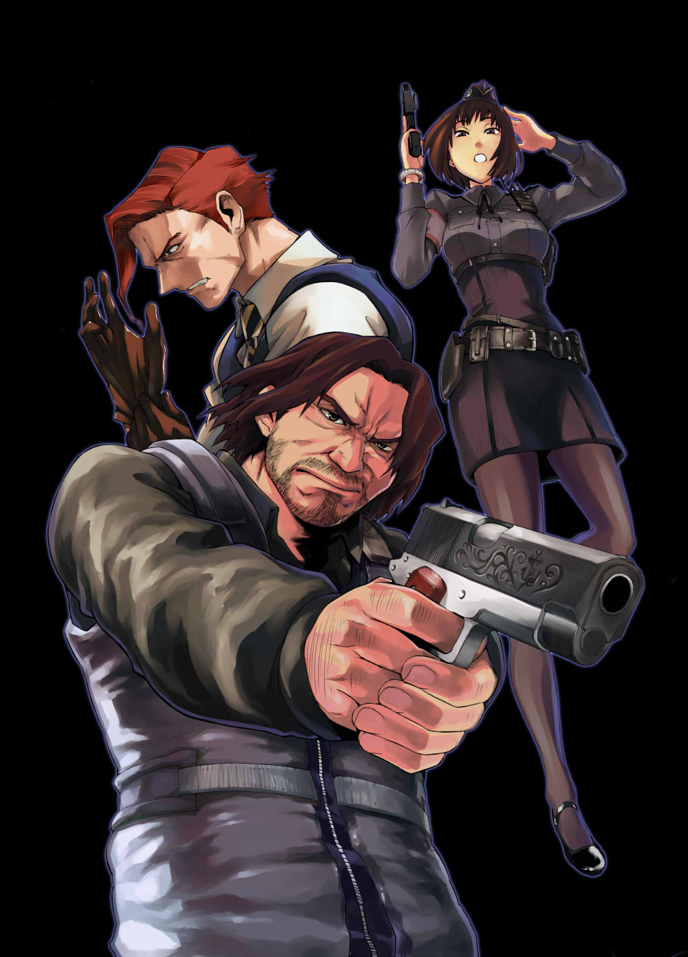 1girl, 2boys, bob_cut, brown_hair, garrison_cap, gun, handgun, hat, high-waist_skirt, highres, jessica_sherawat, multiple_boys, pantyhose, parker_luciani, pencil_skirt, pistol, raymond_vester, resident_evil, short_hair, skirt, takahasi_yoshiyuki, weapon
