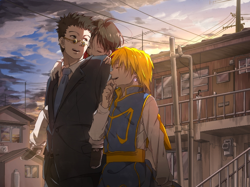 3boys, :d, ^_^, air_conditioner, arm_at_side, backlighting, belt, bikini, black_hair, black_jacket, black_pants, black_shoes, blonde_hair, blue_nails, brown_hair, building, child, chin_stroking, closed_eyes, closed_umbrella, collared_shirt, cowboy_shot, door, drainpipe, earrings, formal, glowing_earrings, hair, happy, hunter_x_hunter, jacket, jewelry, kurapika, laughing, leorio_paladiknight, long_sleeves, looking_at_another, male_focus, multiple_boys, nail_polish, open_mouth, outdoors, pairo, pant_suit, pants, piggyback, po_(poppa-pict), power_lines, radio_antenna, railing, reflection, sash, shade, shirt, shoes, side-tie_bikini, sky, smile, spiky_hair, stairs, standing, suit, sunglasses, swimsuit, tabard, time_paradox, twilight, umbrella, utility_pole, white_pants, white_shirt, window, wooden_wall