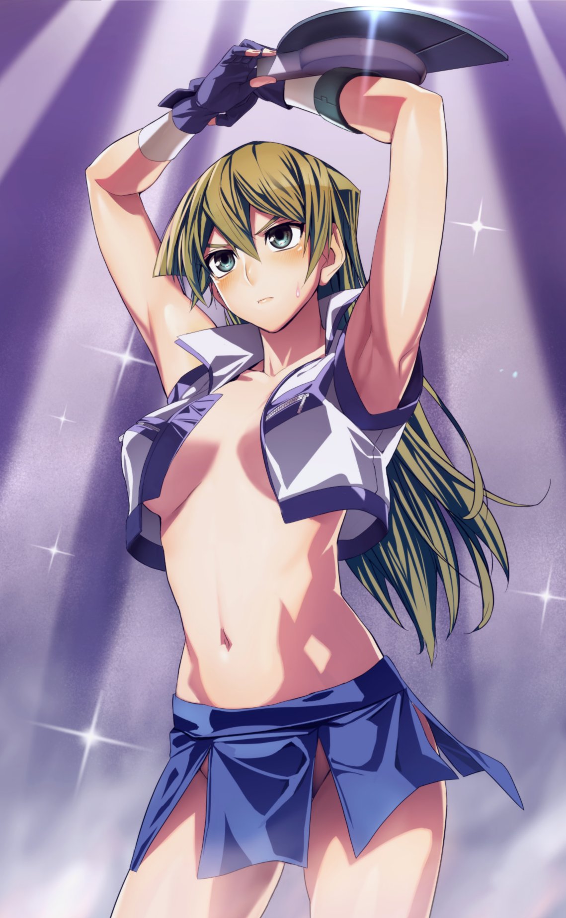 1girl, armpits, arms_up, blonde_hair, duel_disk, fingerless_gloves, gloves, highres
