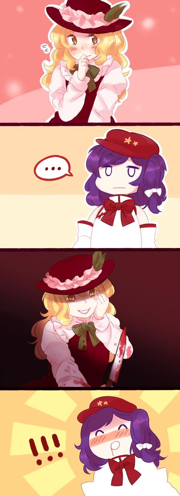 !!, ..., 2girls, ^p^, blonde_hair, blood, bloody_clothes, bloody_knife