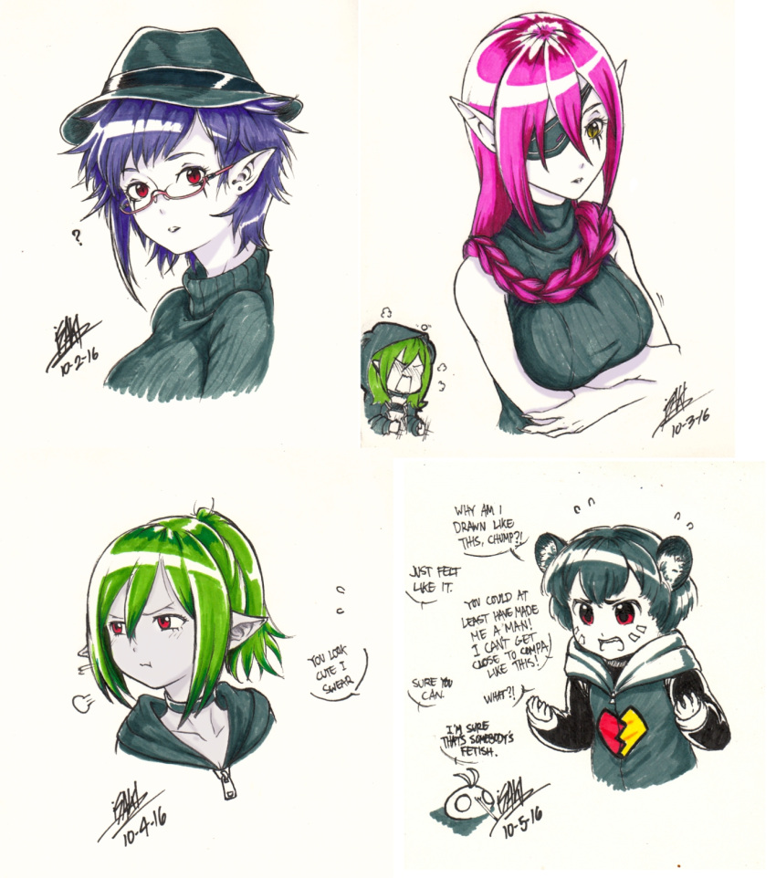 braid, elf, eyepatch, glasses, green_hair, hair_ornament, hat, highres