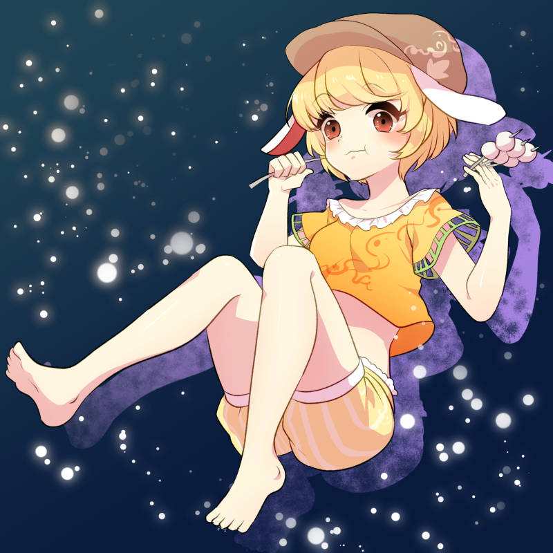 1girl, animal_ears, bare_legs, barefoot, blonde_hair, crop_top, dango, eating