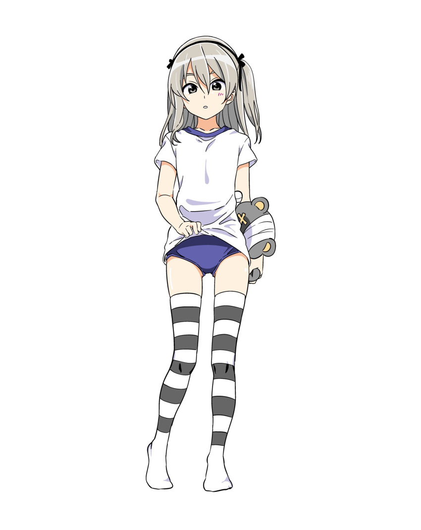 1girl, bangs, black_legwear, blue_buruma, boko_(girls_und_panzer), brown_eyes, buruma, full_body